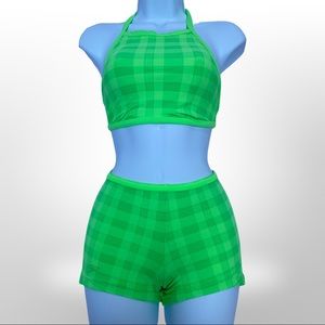 Speedo Vintage Neon Lime Triangle Halter Crop Top & Boy-short Bikini 90s Y2K
